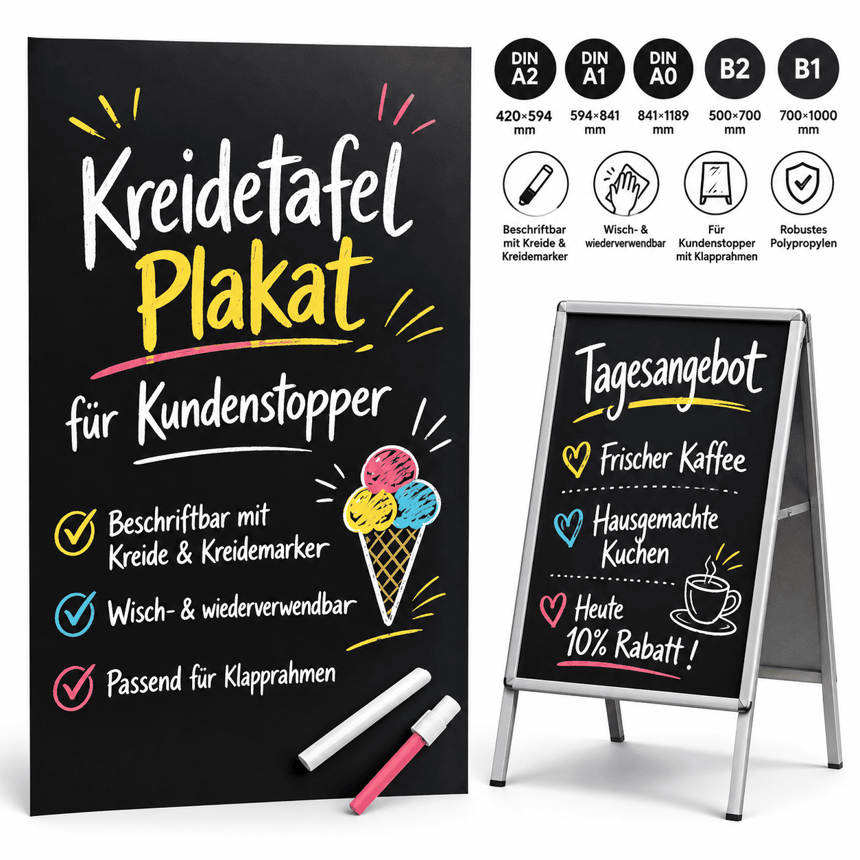 Kundenstopper Kreidetafel Alu Classic DIN A1 – beidseitig beschriftbar