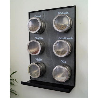 Kreidetafel Küche magnetisch mit Ablage in Anthrazit und Gewürzdosen für Gewürzorganisation