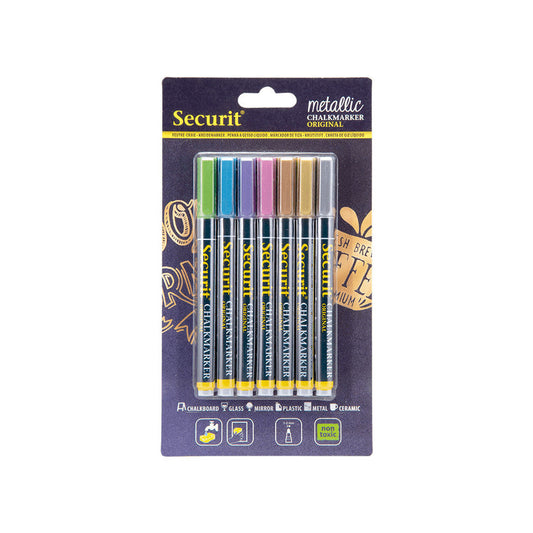 Metallic Kreidemarker von der Marker Securit, Kreidestifte Metallic für Glas und Kreidetafeln im 7er Set