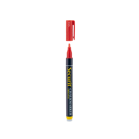 roter Kreidemarker von der Marke Securit, bunter Kreidemarker rot für das Beschriften von Kreidetafeln und Glas mit Blumen, Herzen und anderen Motiven