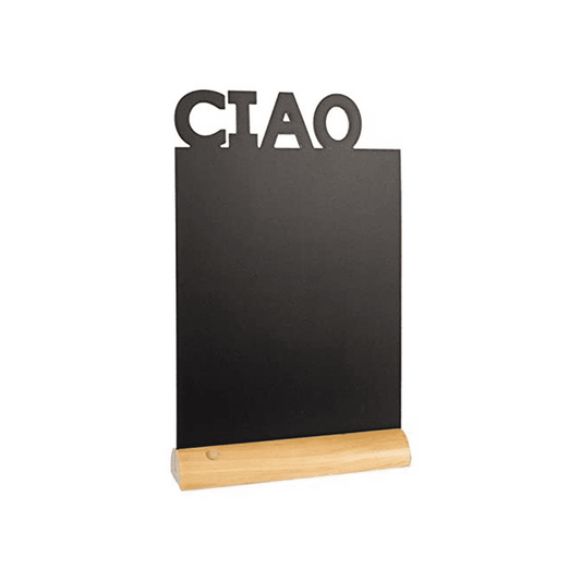 schwarze Tischkreidetafel rechteckig ciao zum Aufstellen auf Tischen in Restaurants, Bars als Willkommens Tischtafel