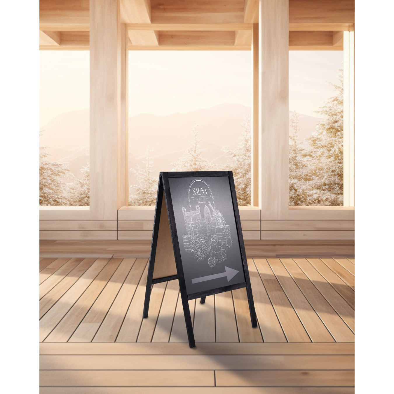 Schwarzer Holz Kundenstopper platziert in einem Wellnessstudio