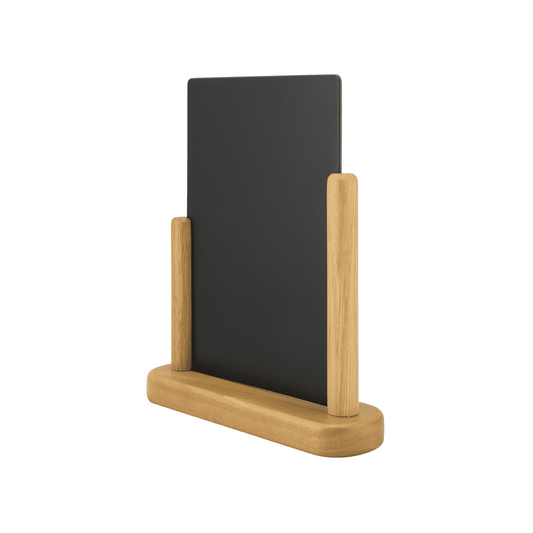 Tischaufsteller Kreidetafel Holz mit Teak braunem Holzrahmen und beschriftbare Melamin Tafel schwarz in DIN A4 Format