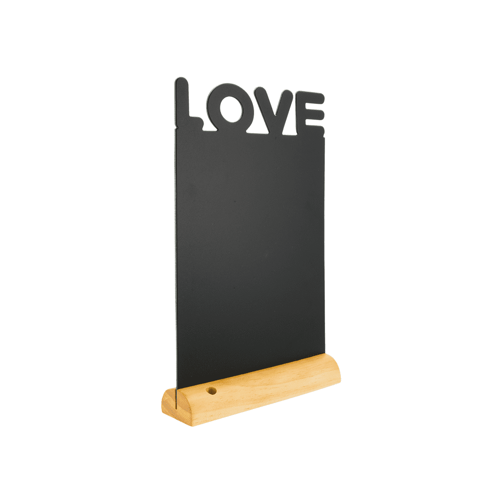 Tischaufsteller mit Kreidetafel Love verwendet als romantische Dekoration für Zuhause und an Valentinstagen
