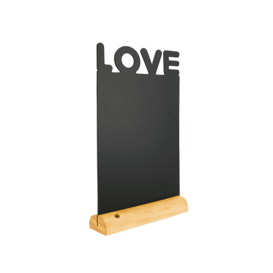 Tischaufsteller mit Kreidetafel Love verwendet als romantische Dekoration für Zuhause und an Valentinstagen