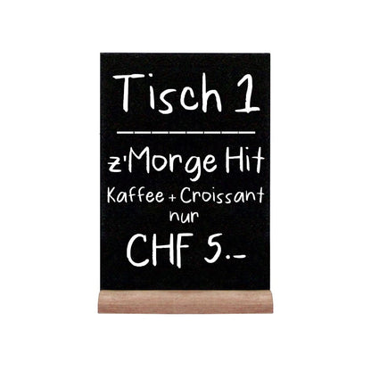 Tischkreidetafel mit Holzsockel mit Angebot beschriftet