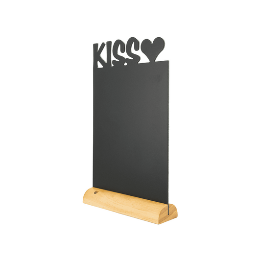 Tischkreidetafel mit Kissaufschrift von der Marke Securit, Tischafusteller Kreidetafel eckig mit Kiss Lasur