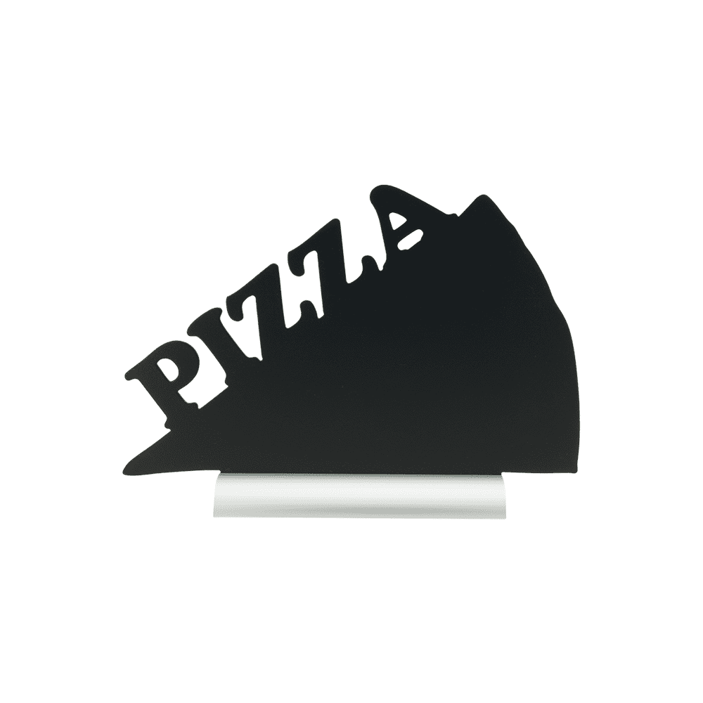 Tischtafel Pizza Form Silhouette mit Alusockel zum Beschriften mit Kreide und Kreidemarker