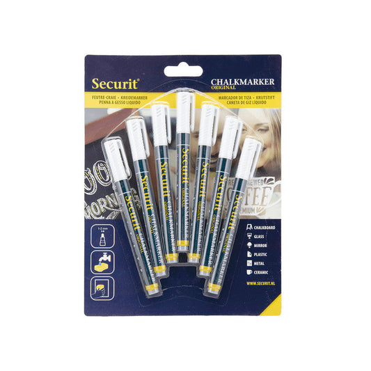 weisse Kreidemarker Marke Securit, 1-2mm Strichbreite, Kreidestifte für Glas-Kreidetafeln und Boards, 7-er Set weiss