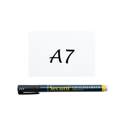 Securit® Kreidetafel TAGs A7 Weiss, inkl. 1 Securit® Kreidestift, 4 Spikes und 4 transparenten Haltern, 20er Set