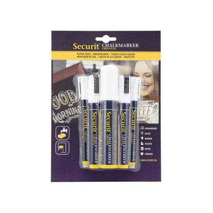 weisses Kreidemarker Set mit verschiedenen Strichbreiten, 1-2mm + 2-6mm + 7-15mm, Kreidemarker Securit weiss im 5-er Set