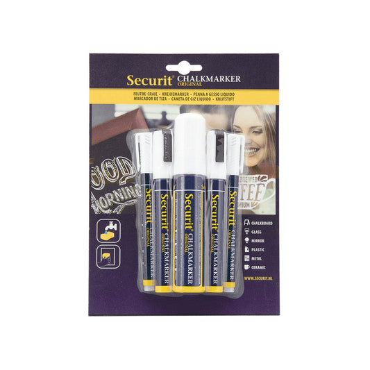 weisses Kreidemarker Set mit verschiedenen Strichbreiten, 1-2mm + 2-6mm + 7-15mm, Kreidemarker Securit weiss im 5-er Set