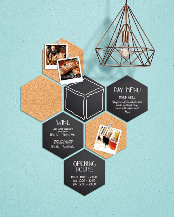 Hexagon Krreidetafel Silhouette mit Korktafeln im 7er Set beschriftet mit Angeboten und Preislisten
