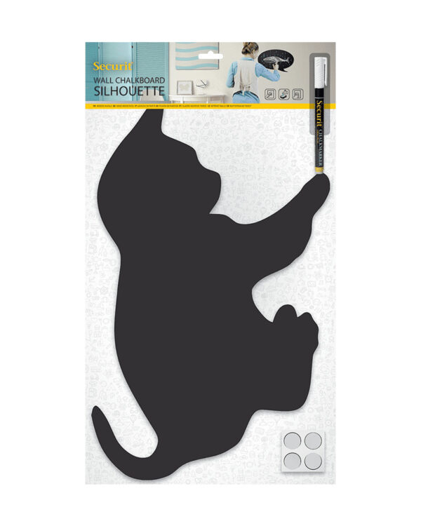 Kreidetafel Silhouette Katze inklusive Wandmontageset und Kreidemarker Securit weiss