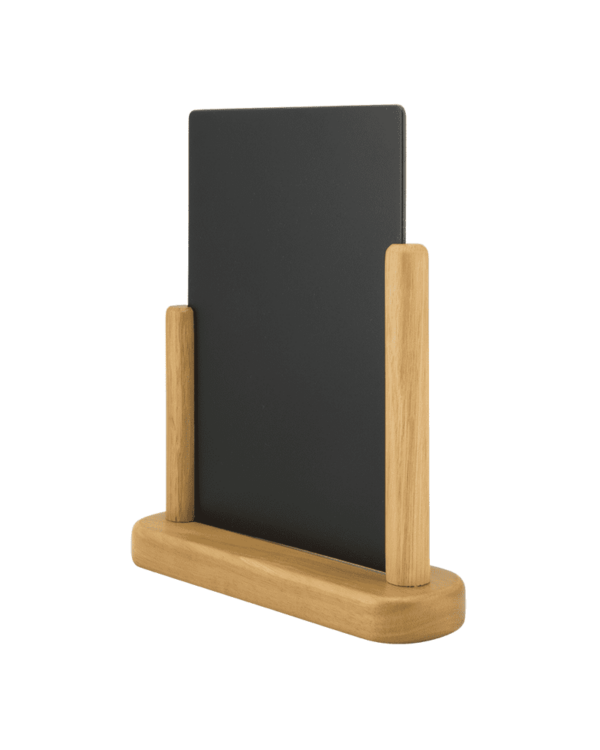 Tischaufsteller Kreidetafel Holz mit Teak braunem Holzrahmen und beschriftbare Melamin Tafel schwarz in DIN A4 Format