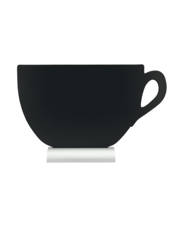 Kaffeetasse Tischtafel mit Alusockel und beschriftbarer schwarzer Kreidetafelfläche