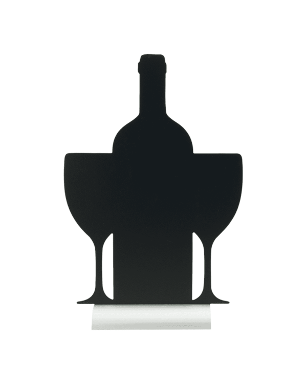 Tischaufsteller Weinflaschenform mit Gläser, Tischkreidetafel mit Alusockel zum Beschriften mit Kreide und Kreidemarker