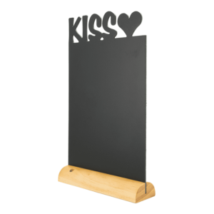 Tischkreidetafel mit Kissaufschrift von der Marke Securit, Tischafusteller Kreidetafel eckig mit Kiss Lasur