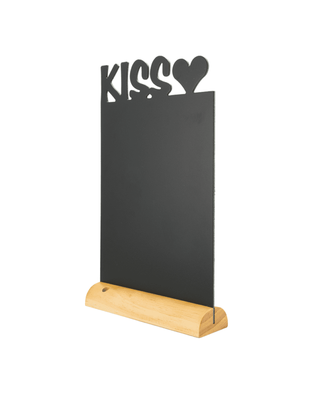 Tischkreidetafel mit Kissaufschrift von der Marke Securit, Tischafusteller Kreidetafel eckig mit Kiss Lasur