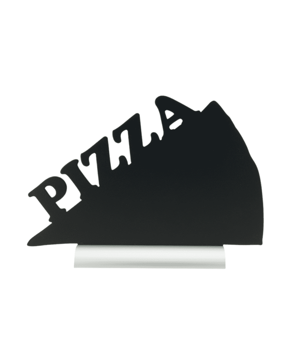 Tischtafel Pizza Form Silhouette mit Alusockel zum Beschriften mit Kreide und Kreidemarker